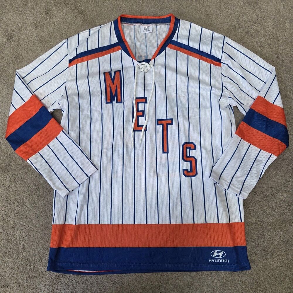 New York Mets Hockey Jersey #24 White Pinstripe Orange Blue MLB Size L